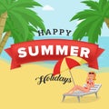 Happy summer holidays vector poster. Elegant girl, holidaymaker drinking cocktail on deck chair with beach umbrella