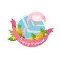 Happy summer label, design element with palm leaves, flowers, pineapples and flamingo vector Illustration Royalty Free Stock Photo