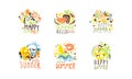 Happy Summer Logo Original Design Collection, Summer Vacation, Sale, Tropical Resort Hand Drawn Badges Vector