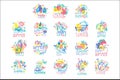 Happy Summer logo template original design set, colorful hand drawn vector Illustrations Royalty Free Stock Photo