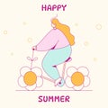 Happy Summer, summer story design with happy girl, bicycle and flowers