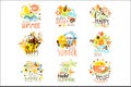 Happy Summer Vacation Sunny Colorful Graphic Design Template Logo Set, Hand Drawn Vector Stencils Royalty Free Stock Photo
