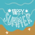 Happy summer word lettering on beach painting illustration Royalty Free Stock Photo