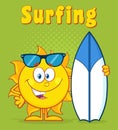 Happy Sun Cartoon Mascot Character Holding A Surf Board With Text Surfing.