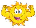 Happy Sun Cartoon Mascot Character Showing Muscle Arms. Royalty Free Stock Photo