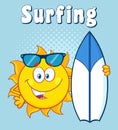 Happy Sun Cartoon Mascot Character With Sunglasses Holding A Surf Board With Text Surfing Royalty Free Stock Photo