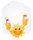 Happy Summer Sun Emoticon. Happy Sun Emoji with ice cream in the hands in front of cloud shaped banner .