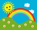 Happy sun with rainbow and clouds