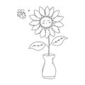 Happy sunflower and little bee in love. Vector doodle Royalty Free Stock Photo