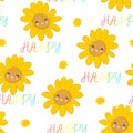 Happy Sunflower and the phrase happy Hand sketched seamless pattern cute flowers vector illustration print design for textiles, Royalty Free Stock Photo