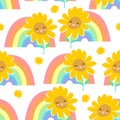 Happy Sunflower and rainbow Hand sketched seamless pattern cute flowers vector illustration print design for textiles, clothing Royalty Free Stock Photo