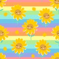 Happy Sunflower and rainbow Hand sketched seamless pattern cute flowers vector illustration print design for textiles, clothing