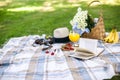 Happy sunny day at a picnic in the park. Flowers, fruits, drinks, a book, a hat, a basket and a blanket. Copy space