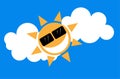 Happy Sunny Sun Smilie Face vector design on a blue and cloudy sky