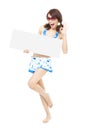 Happy sunshine woman holding a board and ok gesture Royalty Free Stock Photo