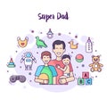 Happy super dad, sons teenager and baby in diaper with baby accessories and toys. Royalty Free Stock Photo