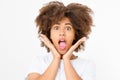 Happy suprised face. Young dark skin woman isolated on white background. African american girl. Copy space. Afro curly hair