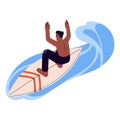 Happy surfer on board catching a wave. Boy swimming on surfboard in sea water on summer holidays. Active young man