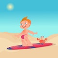 Happy surfer boy with surfboard and crab train on the beach. Vector cartoon character illustration. Family summer
