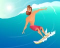 Happy Surfer ride on Blue Ocean Wave. Character cartoon design.