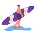 Happy surfer walking with board. Active man carrying surfboard at sea cost on holidays, vacation. Boy doing summer water Royalty Free Stock Photo