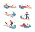 Happy surfers in beachwear riding surfboards set. Summer outdoor activities at beach vector illustration Royalty Free Stock Photo