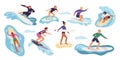 Happy surfers characters. Cartoon people catch and dissect sea waves on boards. Extreme beach sport. Guys and girls at