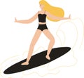 Cartoon young woman surfing, standing, running, swimming with boards isolated vector illustration collection.