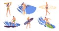 Happy surfers with surfboards set. Cartoon people surfing and walking