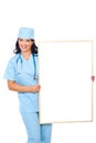 Happy surgeon female with blank placard Royalty Free Stock Photo