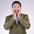 Happy, surprise and portrait of a businessman in a studio with wow, omg or wtf face expression. Happiness, excited and Royalty Free Stock Photo