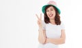 Happy surprised and excited woman in summer hat and template white t shirt isolated on white background. Holiday vacation