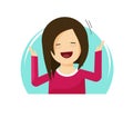 Happy surprised woman vector illustration, flat cartoon excited cheerful person with smile on face, hands up, happiness Royalty Free Stock Photo