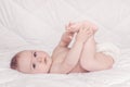 Happy sweet little baby boy playing with his feet, white background