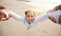 Happy, swinging and portrait of child at the beach for travel, support and fun. Spinning, smile and summer with girl and Royalty Free Stock Photo