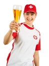 Happy Swiss sports fan cheering with beer Royalty Free Stock Photo