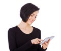 Happy, tablet and woman update social media using internet or online isolated in a studio white background with a smile