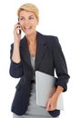 Happy, talking or businesswoman in studio on a phone call negotiation, networking or speaking. White background, mobile Royalty Free Stock Photo