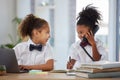 Happy, talking and girls playing as business people in an office, pretending and acting like employees. Smile, together Royalty Free Stock Photo