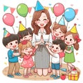 Happy teacher and kids children party illustration