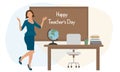 Happy teacherÃ¢â¬â¢s day. Beautiful joyful woman teacher near blackboard and desk with globe and books. Vector illustration