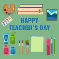 Happy Teacher`s Day concept. Card with art school stuff, paint, palette, paintbrushes, artwork