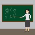 Happy Teacher`s Day concept. Teacher points to the chemical symbols on the Board