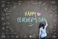 Happy Teacher`s Day greeting for World teachers day concept with school student back view drawing doodle of of learning education Royalty Free Stock Photo
