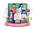 Happy Teacher`s Day with A group of teachers from various subjects gathers on teacher`s day. Vector illustration