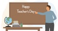 Happy teacher`s day. Teacher man writes with chalk on blackboard. Vector illustration Royalty Free Stock Photo