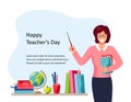 Happy Teacher`s day. Smiling female teacher with books