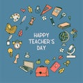 Happy Teacher's Day vector card with inscriptions. Design for greeting card, layout, logo, stamp or banner for Royalty Free Stock Photo