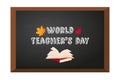 happy Teacher\'s day. Vector blackboard with text, books and autumn leaves