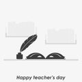 Happy Teacher`s Day vector illustration. Open book with feather Royalty Free Stock Photo